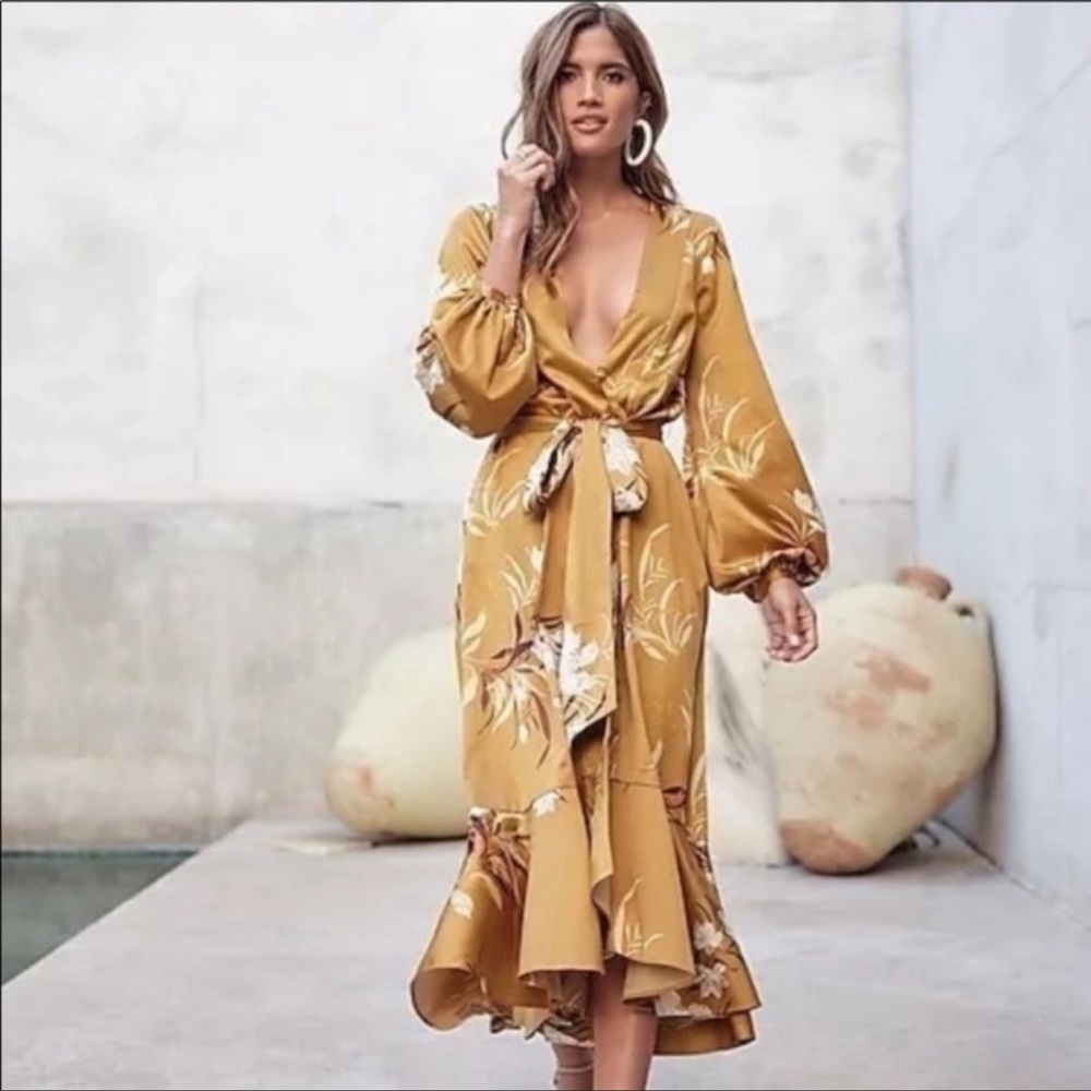 Express X Rocky Barnes Gold Wrap Dress with Tie